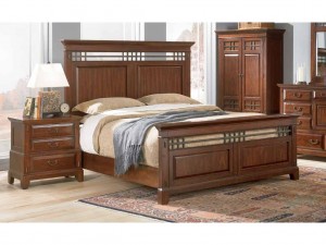Деревянная мебель для спальни в удивительном стиле модерн: кровать, шкаф, комод и прикроватная тумбочка.
